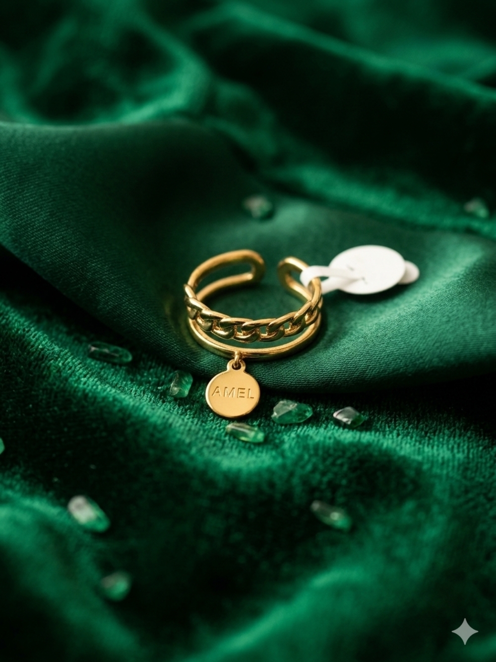 Gold Double-Band Ring with Chain and Disc Charm